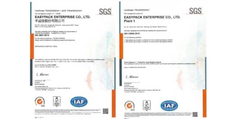 Easypack's ISO 22000, ISO 9001, and DIN CERTCO Certificates
