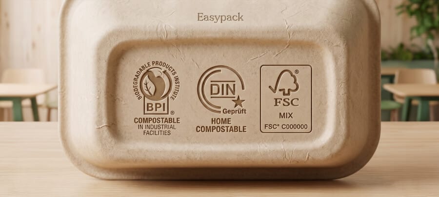 Certified environmental compliance badges including BPI and DIN CERTCO certifications stamped on Easypack's compostable paper coating series