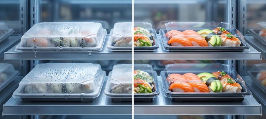 Anti-fog and EVOH high-barrier food packaging technology for supermarket refrigerated display to extend shelf life and minimize organic waste emissions