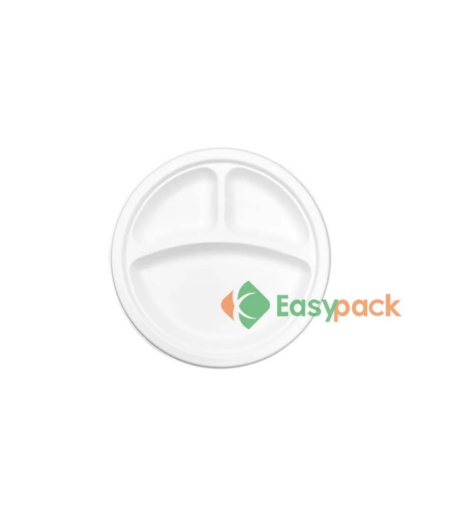 bagasse-bowls-plates-sr-903 9 Inch 3-Compartment Bagasse Round Plate