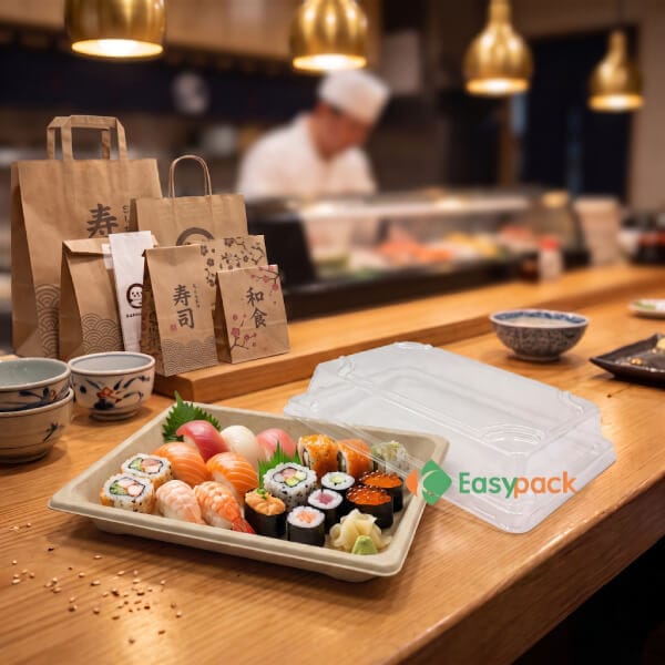 Bagasse Pulp Sushi Boxes and Trays For Sushi Restaurant Takeout