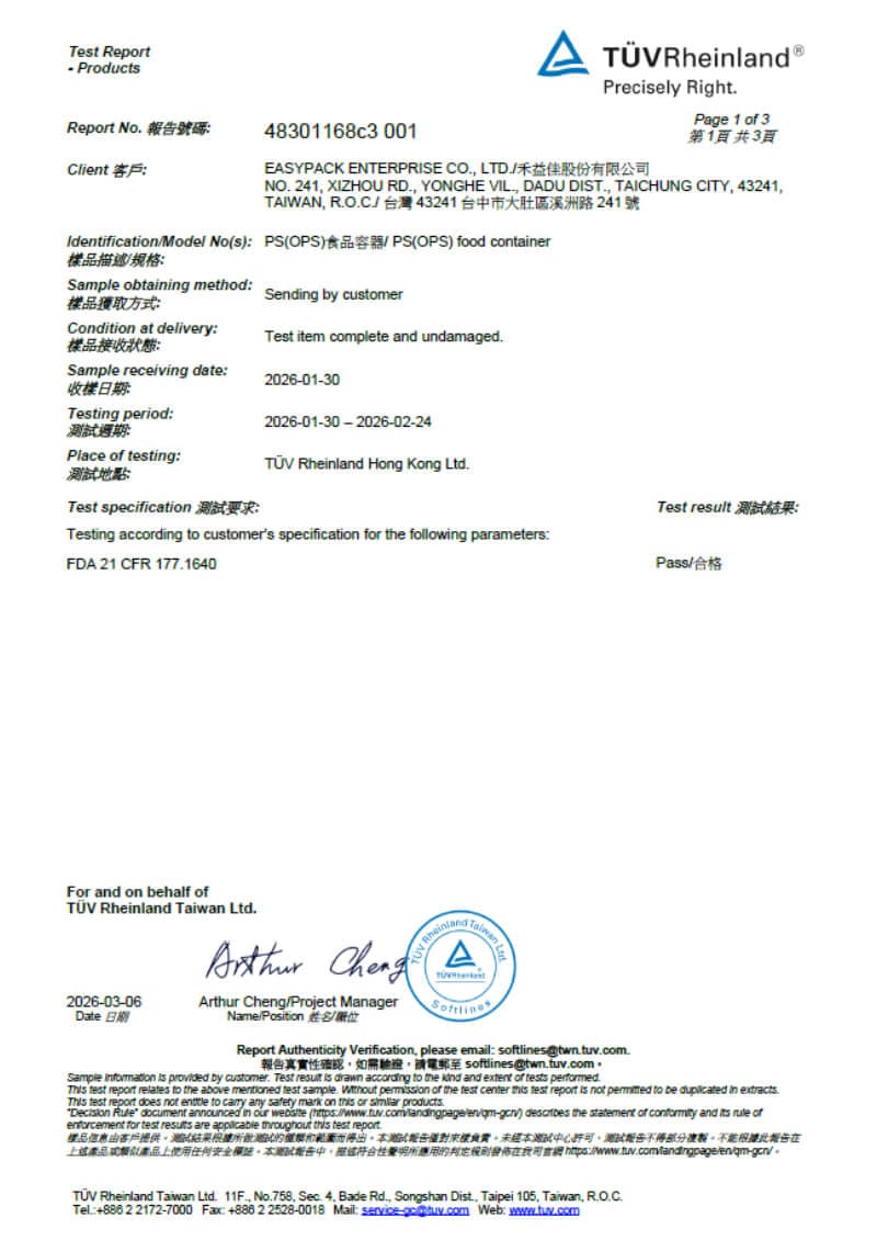 PS Container FDA Extractive Substances Compliance Test Report