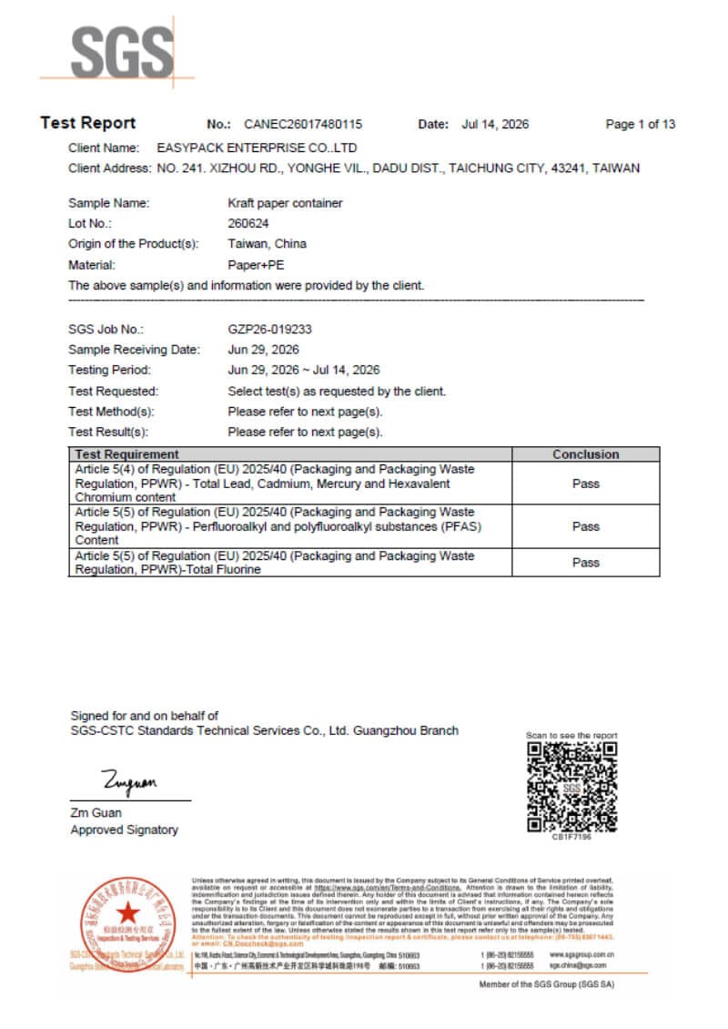 Kraft Paper Container EU PPWR Compliance Test Report