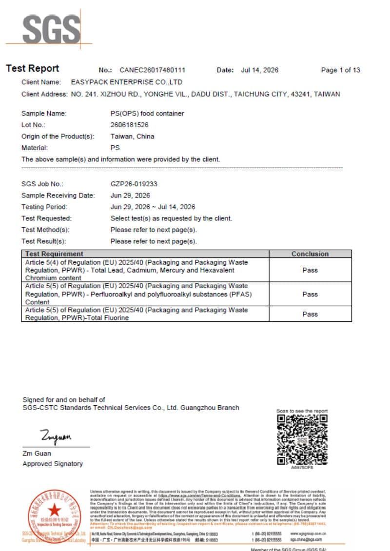 PS/OPS Food Container EU PPWR Compliance Test Report